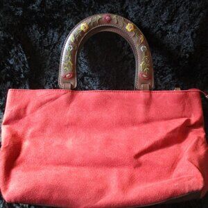 Vintage Relic Red Suede Handbag W/Leather Top Handles Embroidered With Flowers